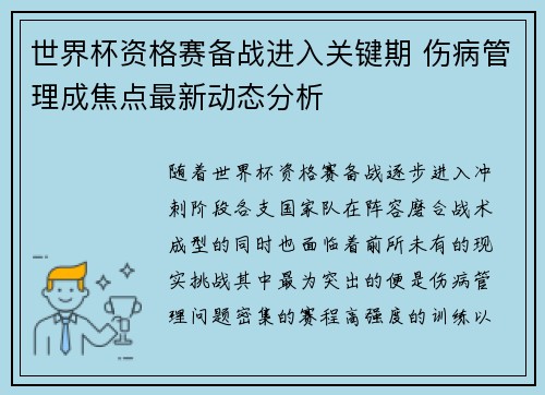 世界杯资格赛备战进入关键期 伤病管理成焦点最新动态分析