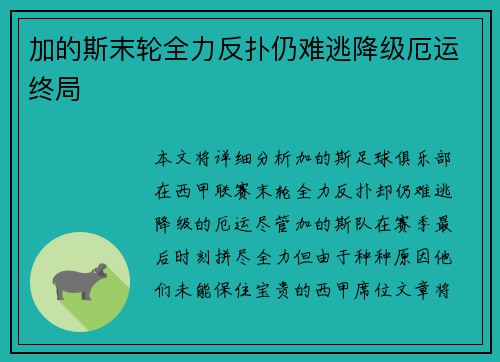 加的斯末轮全力反扑仍难逃降级厄运终局